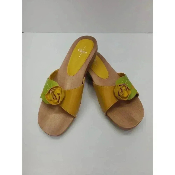 Glacee Marjorie Yellow Leather Sandals with Wooden Sole Women's Size 8 New - Picture 1 of 8